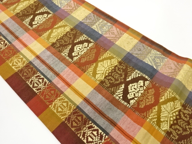 手織り紬縞に華紋・幾何学模様織出し袋帯